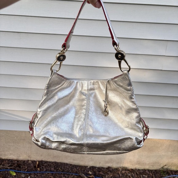 Dooney & Bourke Shoulder Bag Womens Silver Metallic Leather‎ Hobo Red Trim Purse - Picture 5 of 8